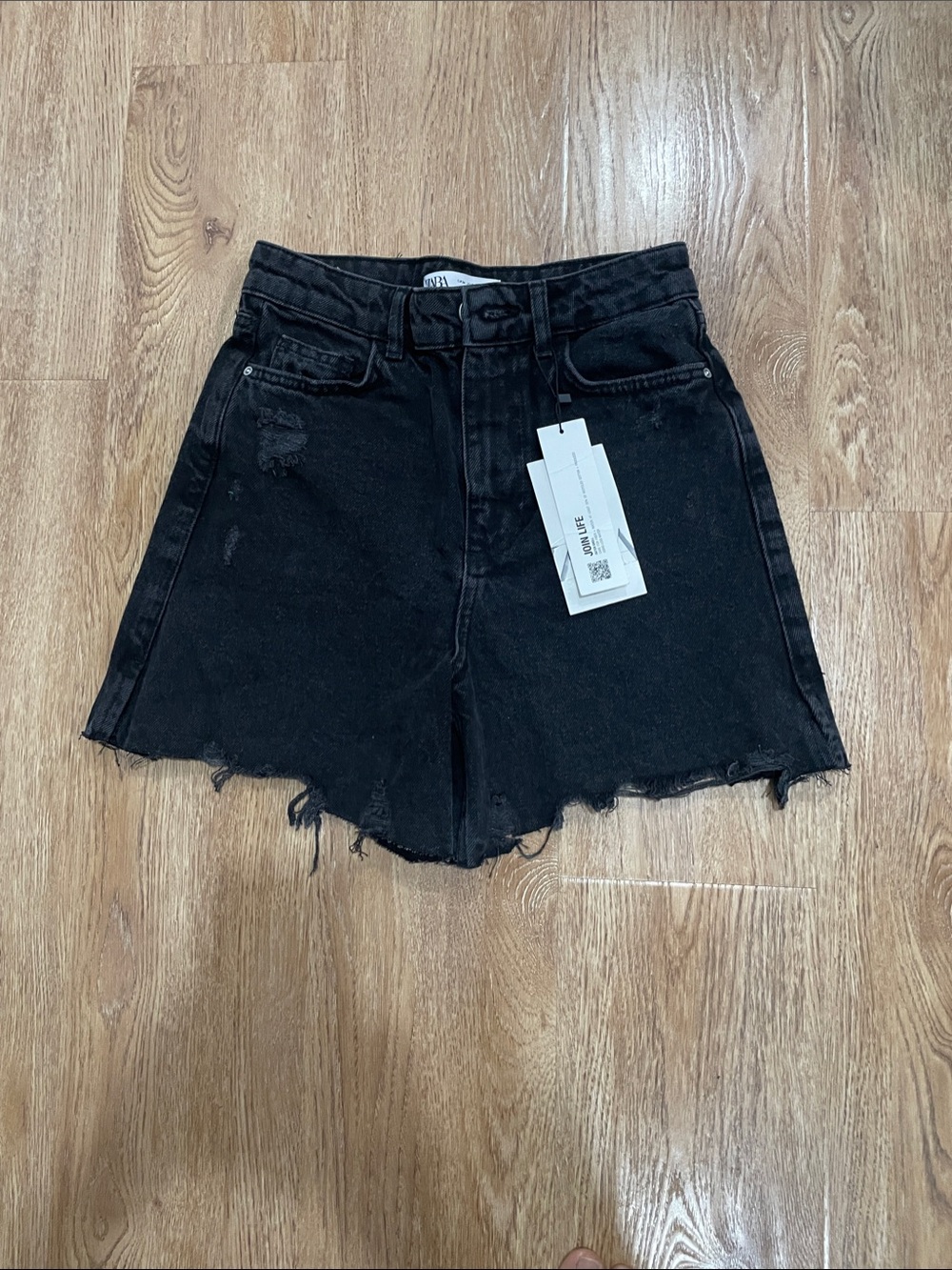 Zara Black Distressed Raw-Hem Denim Shorts